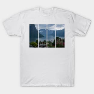 Wonderful landscapes in Norway. Vestland. Beautiful scenery of Romsdal Fjord from the Torvikeidet village. Nice flower composition in foreground. Snowed mountains Summer cloudy day T-Shirt